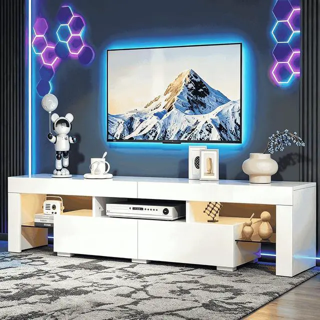Main image of VINGLI LED TV Stand, 63'' High Glossy Modern Entertainment Center with Remote Control 20-Color LED Lights and 2 Large Storage Draws for 55/60/65/70 Inch TV (White, 63''L x 14''W x 18''H)
