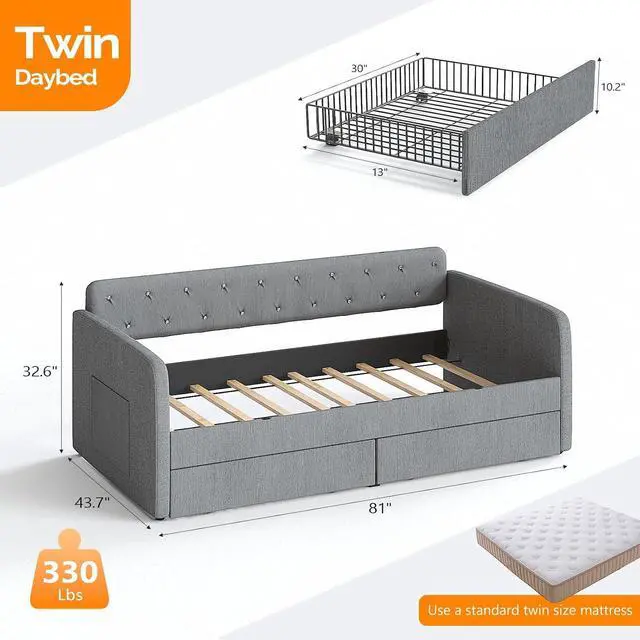 Alt view image 2 of 7 - VINGLI Twin Size Daybed with 2 Storage Drawers and Pockets, Chenille Fabric with Diamond Buttons, Upholstered Comfy Sleeper Couch Sofa Bed for Living Room, Movie Room, Bedroom, Gray