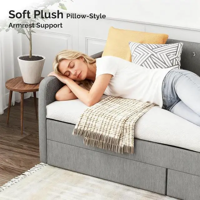 Alt view image 5 of 7 - VINGLI Twin Size Daybed with 2 Storage Drawers and Pockets, Chenille Fabric with Diamond Buttons, Upholstered Comfy Sleeper Couch Sofa Bed for Living Room, Movie Room, Bedroom, Gray