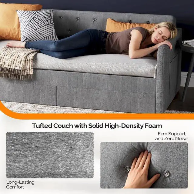 Alt view image 6 of 7 - VINGLI Twin Size Daybed with 2 Storage Drawers and Pockets, Chenille Fabric with Diamond Buttons, Upholstered Comfy Sleeper Couch Sofa Bed for Living Room, Movie Room, Bedroom, Gray