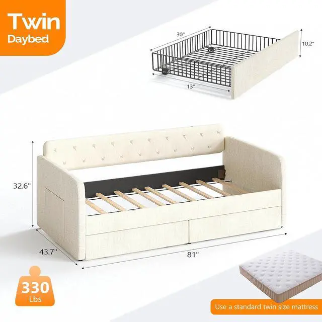 Alt view image 2 of 7 - VINGLI Twin Size Daybed with 2 Storage Drawers and Pockets, Chenille Upholstered Comfy Sleeper Couch Sofa Bed with Diamond Buttons for Living Room, Movie Room, Bedroom, Beige White