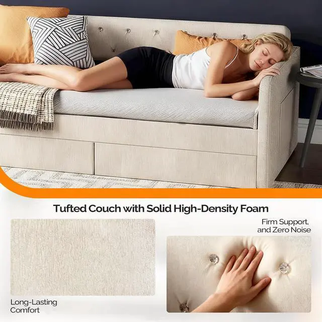 Alt view image 6 of 7 - VINGLI Twin Size Daybed with 2 Storage Drawers and Pockets, Chenille Upholstered Comfy Sleeper Couch Sofa Bed with Diamond Buttons for Living Room, Movie Room, Bedroom, Beige White