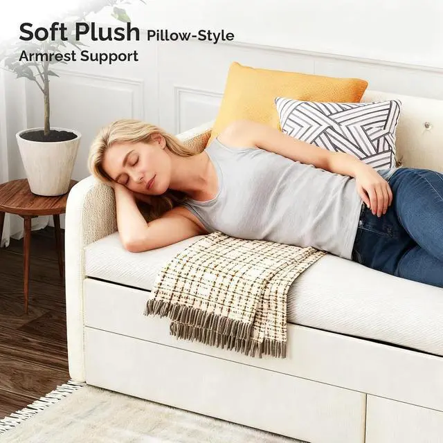 Alt view image 5 of 7 - VINGLI Twin Size Daybed with 2 Storage Drawers and Pockets, Chenille Upholstered Comfy Sleeper Couch Sofa Bed with Diamond Buttons for Living Room, Movie Room, Bedroom, Beige White