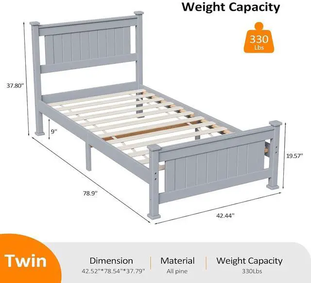 Alt view image 2 of 7 - VINGLI Twin Bed Frame Solid Wood Platform Single Bed with Headboard, No Box Spring Needed Panel Bed, Wood Slat Support Mattress Foundation, Gray