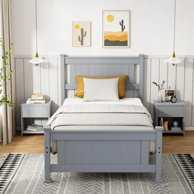 Main image of VINGLI Twin Bed Frame Solid Wood Platform Single Bed with Headboard, No Box Spring Needed Panel Bed, Wood Slat Support Mattress Foundation, Gray