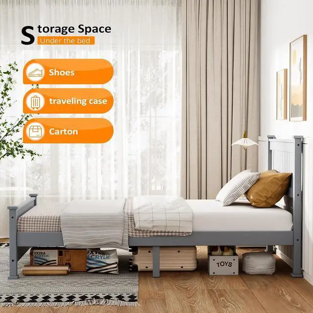 Alt view image 3 of 7 - VINGLI Twin Bed Frame Solid Wood Platform Single Bed with Headboard, No Box Spring Needed Panel Bed, Wood Slat Support Mattress Foundation, Gray