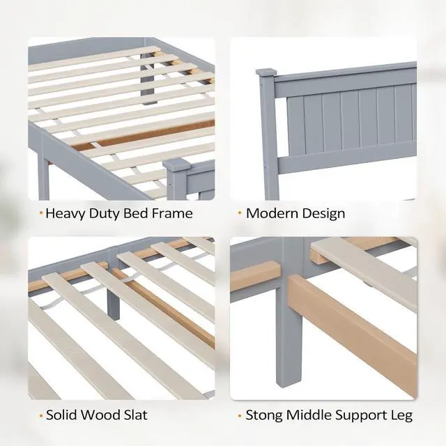 Alt view image 5 of 7 - VINGLI Twin Bed Frame Solid Wood Platform Single Bed with Headboard, No Box Spring Needed Panel Bed, Wood Slat Support Mattress Foundation, Gray