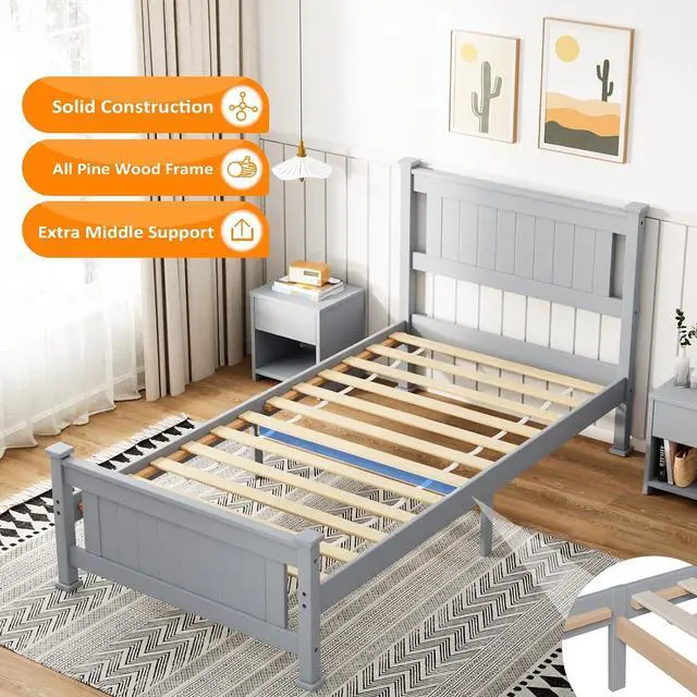 Alt view image 4 of 7 - VINGLI Twin Bed Frame Solid Wood Platform Single Bed with Headboard, No Box Spring Needed Panel Bed, Wood Slat Support Mattress Foundation, Gray
