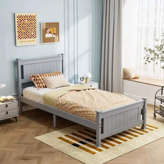 Alt view image 6 of 7 - VINGLI Twin Bed Frame Solid Wood Platform Single Bed with Headboard, No Box Spring Needed Panel Bed, Wood Slat Support Mattress Foundation, Gray