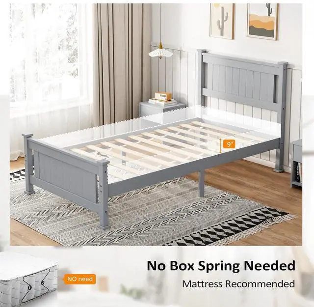 Alt view image 7 of 7 - VINGLI Twin Bed Frame Solid Wood Platform Single Bed with Headboard, No Box Spring Needed Panel Bed, Wood Slat Support Mattress Foundation, Gray