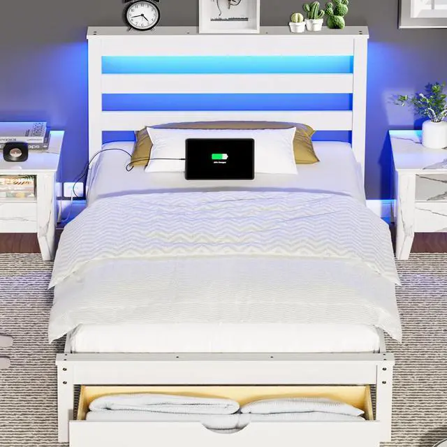 Main image of VINGLI Solid Wood Twin Bed Frame with LED Lights & USB Charging Station,Kids Platform Bed with Storage Headboard Shelf, Underbed Storage Drawer,White