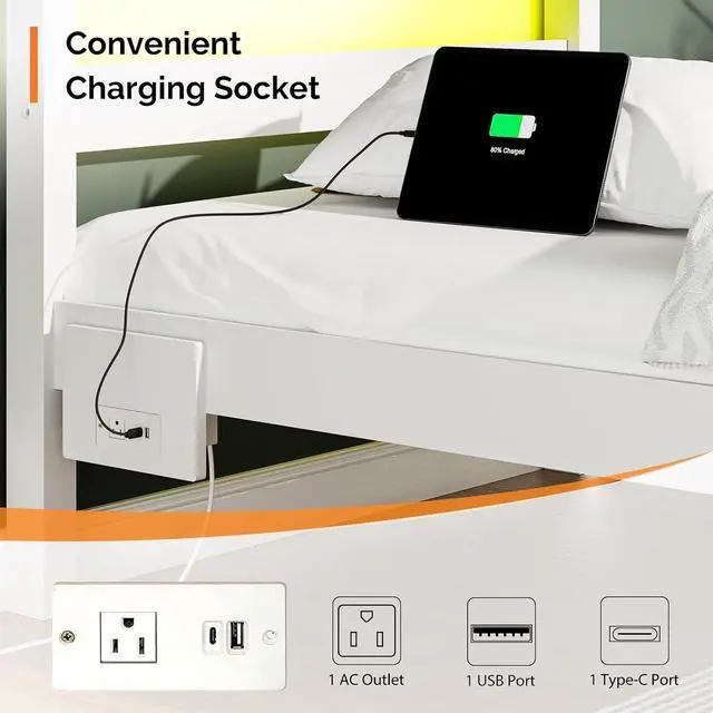 Alt view image 3 of 6 - VINGLI Solid Wood Twin Bed Frame with LED Lights & USB Charging Station,Kids Platform Bed with Storage Headboard Shelf, Underbed Storage Drawer,White