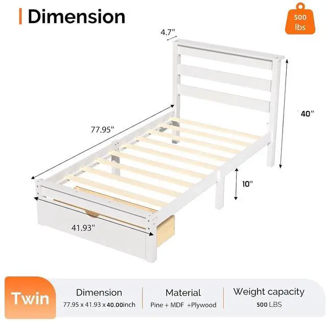 Alt view image 2 of 6 - VINGLI Solid Wood Twin Bed Frame with LED Lights & USB Charging Station,Kids Platform Bed with Storage Headboard Shelf, Underbed Storage Drawer,White