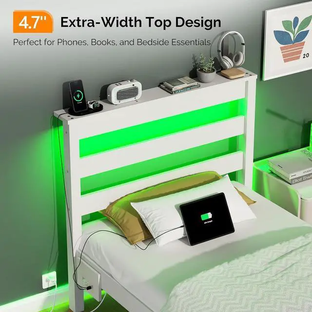 Alt view image 4 of 6 - VINGLI Solid Wood Twin Bed Frame with LED Lights & USB Charging Station,Kids Platform Bed with Storage Headboard Shelf, Underbed Storage Drawer,White