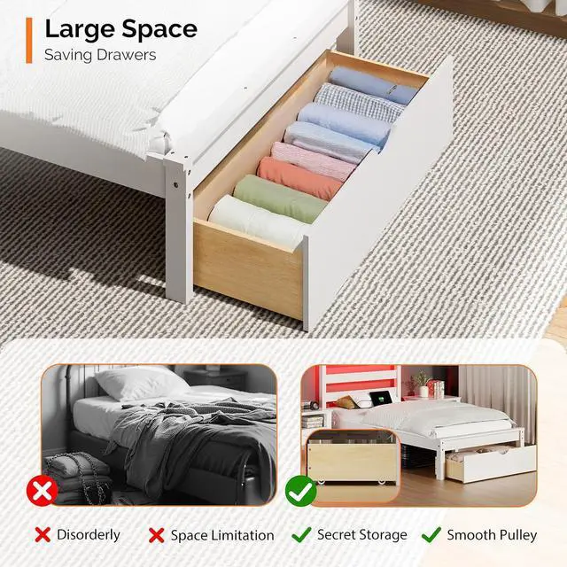 Alt view image 6 of 6 - VINGLI Solid Wood Twin Bed Frame with LED Lights & USB Charging Station,Kids Platform Bed with Storage Headboard Shelf, Underbed Storage Drawer,White