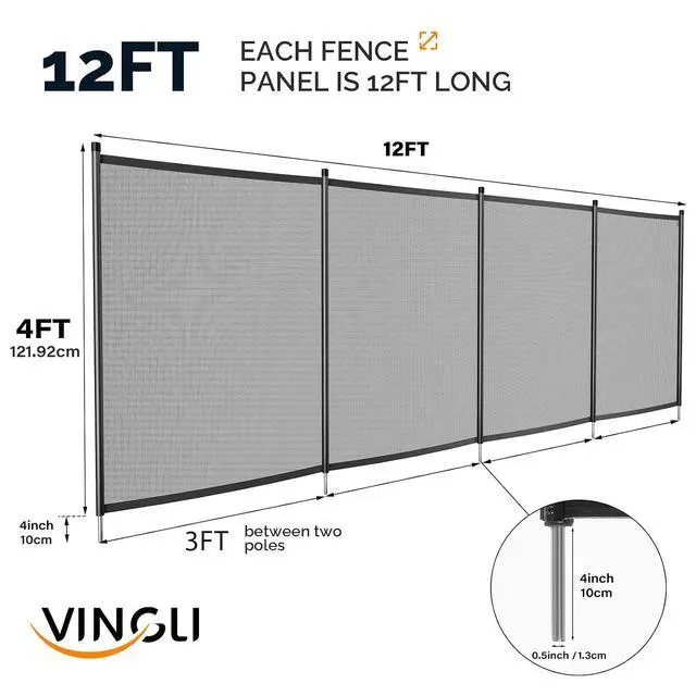 Alt view image 5 of 7 - VINGLI 4Ft x 12Ft Black Pool Fence, Safety Fencing for Inground Pools | One-piece mesh fence for inground pools, creates a safety barrier against accidental access, great for kids & pets
