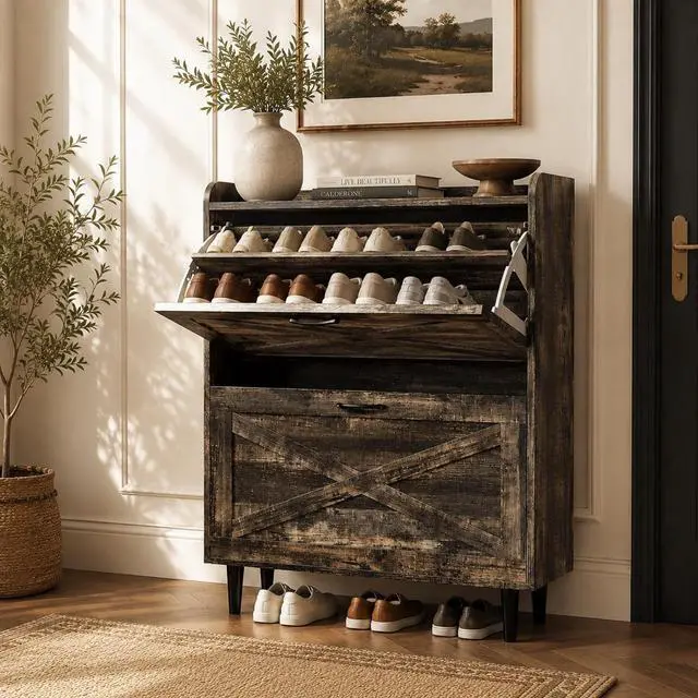 Main image of VINGLI Shoe Storage Cabinet for Entryway with 2 Flip Drawers, Ultra Slim Freestanding Entryway Shoe Organizer with Wood Tapered Legs,Hidden Closed Shoe Rack,31.6"W * 9.4"D * 39.4"H, Dark Rustic Oak