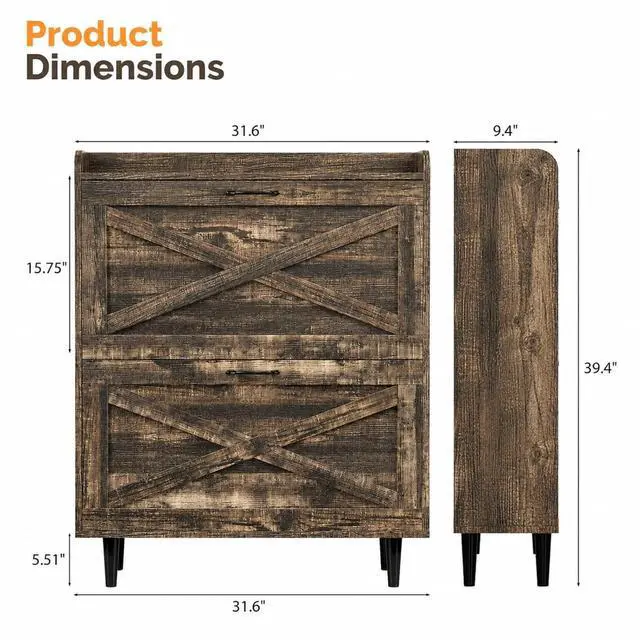 Alt view image 2 of 7 - VINGLI Shoe Storage Cabinet for Entryway with 2 Flip Drawers, Ultra Slim Freestanding Entryway Shoe Organizer with Wood Tapered Legs,Hidden Closed Shoe Rack,31.6"W * 9.4"D * 39.4"H, Dark Rustic Oak
