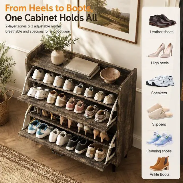 Alt view image 3 of 7 - VINGLI Shoe Storage Cabinet for Entryway with 2 Flip Drawers, Ultra Slim Freestanding Entryway Shoe Organizer with Wood Tapered Legs,Hidden Closed Shoe Rack,31.6"W * 9.4"D * 39.4"H, Dark Rustic Oak