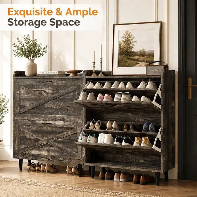 Alt view image 4 of 7 - VINGLI Shoe Storage Cabinet for Entryway with 2 Flip Drawers, Ultra Slim Freestanding Entryway Shoe Organizer with Wood Tapered Legs,Hidden Closed Shoe Rack,31.6"W * 9.4"D * 39.4"H, Dark Rustic Oak