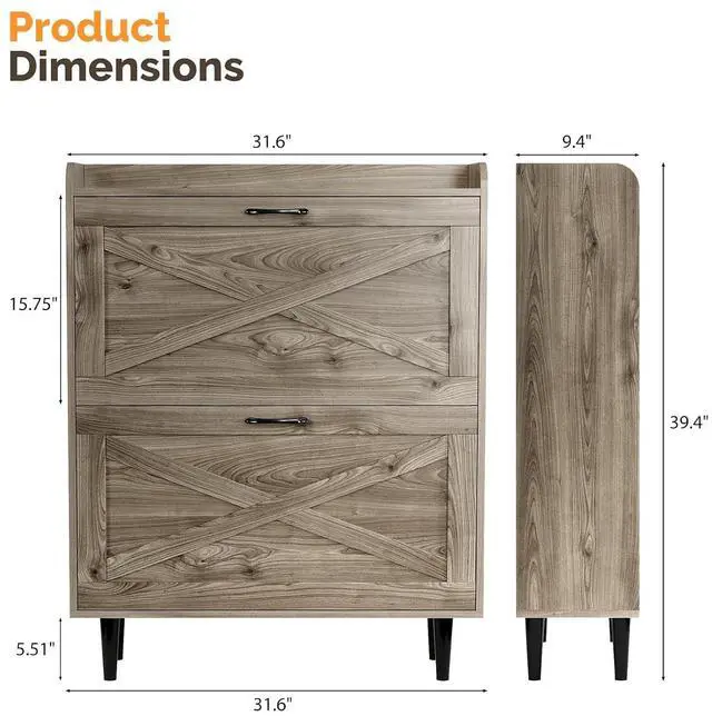 Alt view image 2 of 7 - VINGLI Shoe Storage Cabinet for Entryway with 2 Flip Drawers, Ultra Slim Freestanding Entryway Shoe Organizer with Wood Tapered Legs,Hidden Closed Shoe Rack,31.6" W * 9.4" D * 39.4" H, Grey Oak
