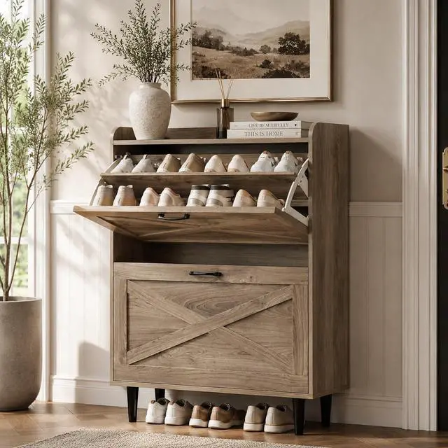 Alt view image 6 of 7 - VINGLI Shoe Storage Cabinet for Entryway with 2 Flip Drawers, Ultra Slim Freestanding Entryway Shoe Organizer with Wood Tapered Legs,Hidden Closed Shoe Rack,31.6" W * 9.4" D * 39.4" H, Grey Oak