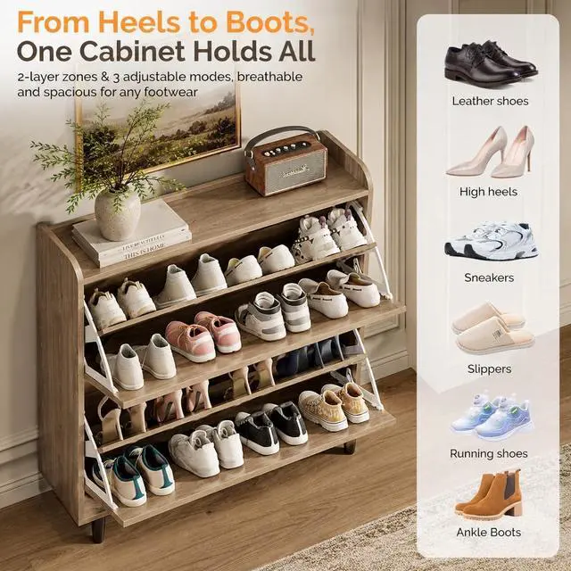 Alt view image 4 of 7 - VINGLI Shoe Storage Cabinet for Entryway with 2 Flip Drawers, Ultra Slim Freestanding Entryway Shoe Organizer with Wood Tapered Legs,Hidden Closed Shoe Rack,31.6" W * 9.4" D * 39.4" H, Grey Oak