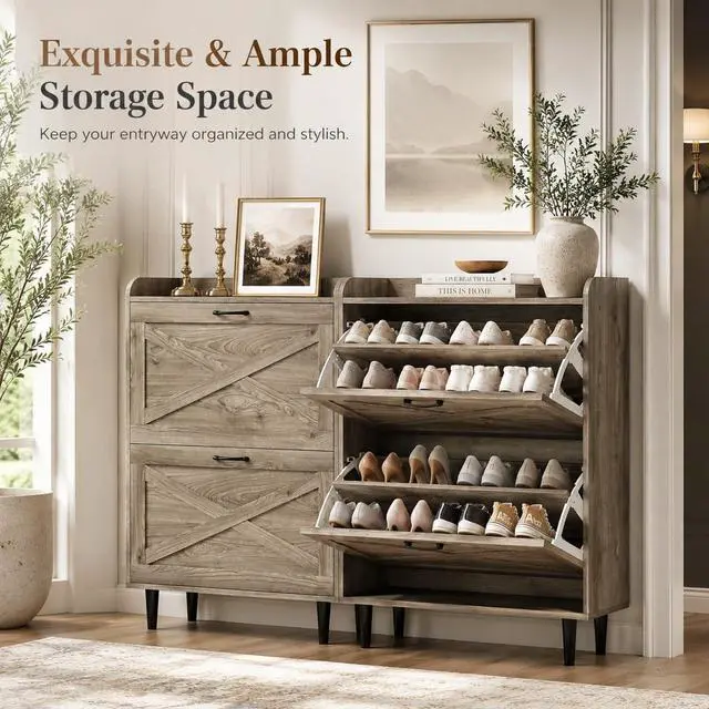 Alt view image 5 of 7 - VINGLI Shoe Storage Cabinet for Entryway with 2 Flip Drawers, Ultra Slim Freestanding Entryway Shoe Organizer with Wood Tapered Legs,Hidden Closed Shoe Rack,31.6" W * 9.4" D * 39.4" H, Grey Oak