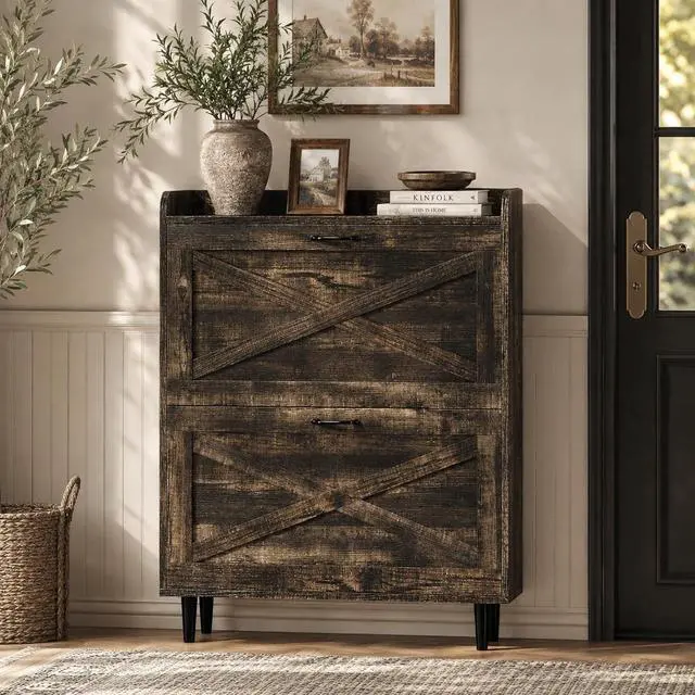 Alt view image 6 of 7 - VINGLI Shoe Storage Cabinet for Entryway with 2 Flip Drawers, Ultra Slim Freestanding Entryway Shoe Organizer with Wood Tapered Legs,Hidden Closed Shoe Rack,31.6"W * 9.4"D * 39.4"H, Dark Rustic Oak