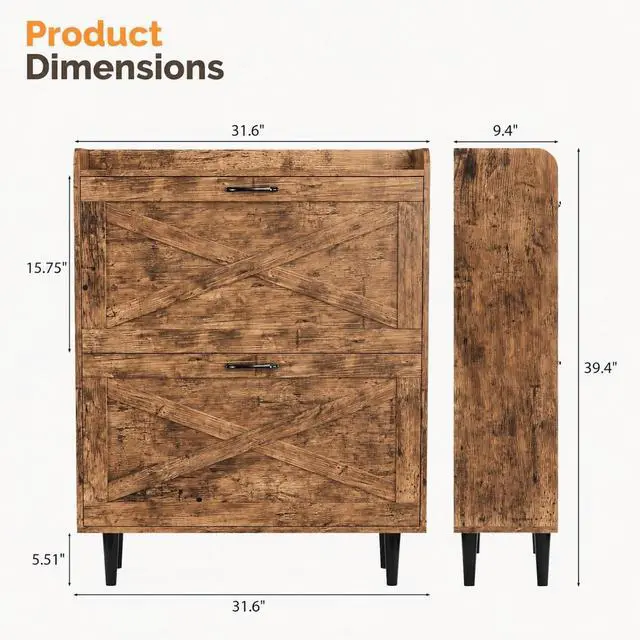 Alt view image 2 of 7 - VINGLI Shoe Storage Cabinet for Entryway with 2 Flip Drawers, Ultra Slim Freestanding Entryway Shoe Organizer with Wood Tapered Legs,Hidden Closed Shoe Rack,31.6" W * 9.4" D * 39.4" H, Rustic Brown