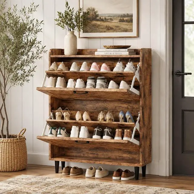 Alt view image 3 of 7 - VINGLI Shoe Storage Cabinet for Entryway with 2 Flip Drawers, Ultra Slim Freestanding Entryway Shoe Organizer with Wood Tapered Legs,Hidden Closed Shoe Rack,31.6" W * 9.4" D * 39.4" H, Rustic Brown