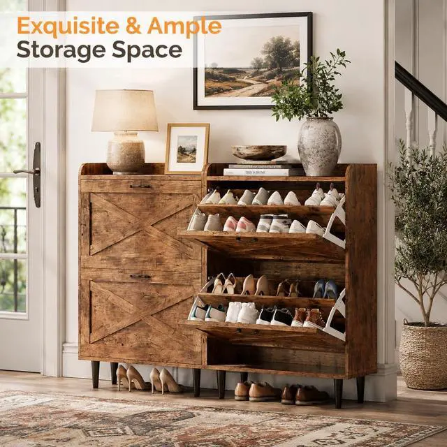 Alt view image 4 of 7 - VINGLI Shoe Storage Cabinet for Entryway with 2 Flip Drawers, Ultra Slim Freestanding Entryway Shoe Organizer with Wood Tapered Legs,Hidden Closed Shoe Rack,31.6" W * 9.4" D * 39.4" H, Rustic Brown