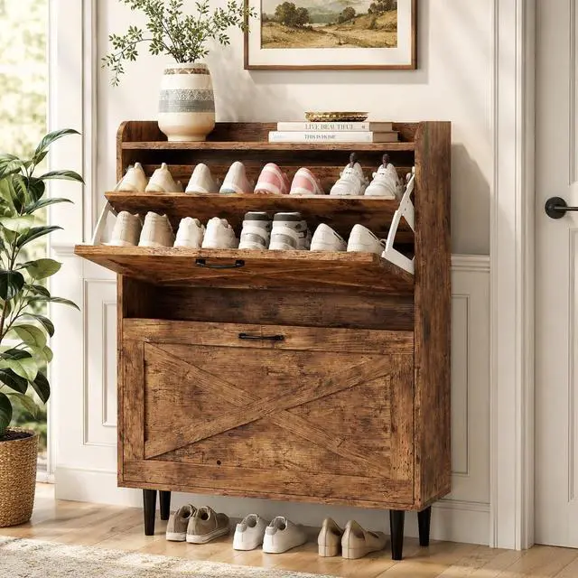 Alt view image 5 of 7 - VINGLI Shoe Storage Cabinet for Entryway with 2 Flip Drawers, Ultra Slim Freestanding Entryway Shoe Organizer with Wood Tapered Legs,Hidden Closed Shoe Rack,31.6" W * 9.4" D * 39.4" H, Rustic Brown