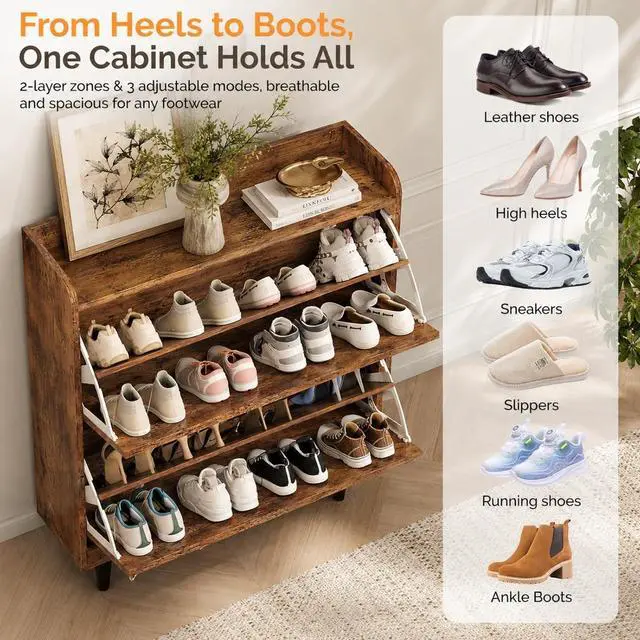 Alt view image 7 of 7 - VINGLI Shoe Storage Cabinet for Entryway with 2 Flip Drawers, Ultra Slim Freestanding Entryway Shoe Organizer with Wood Tapered Legs,Hidden Closed Shoe Rack,31.6" W * 9.4" D * 39.4" H, Rustic Brown