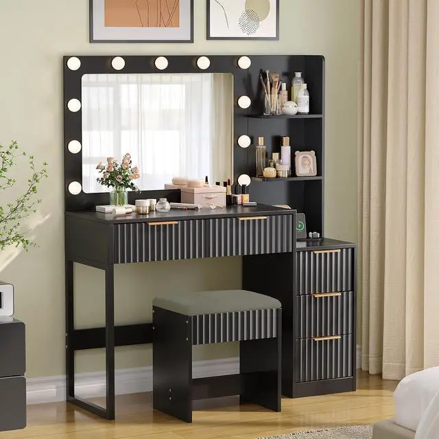 Main image of VINGLI Fluted Makeup Vanity Desk with Mirror & Lights & Power Outlet, Small Vanity Table w/ 5 Drawers & 2 Storage Shelves,Black Modern Dressing Table Set Charging Station for Bedroom