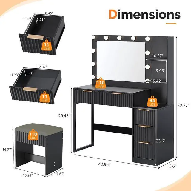 Alt view image 2 of 7 - VINGLI Fluted Makeup Vanity Desk with Mirror & Lights & Power Outlet, Small Vanity Table w/ 5 Drawers & 2 Storage Shelves,Black Modern Dressing Table Set Charging Station for Bedroom