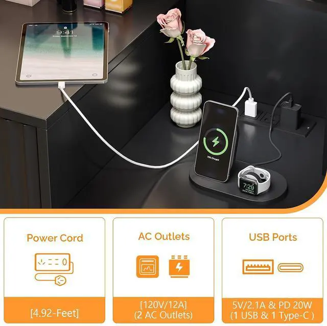 Alt view image 5 of 7 - VINGLI Fluted Makeup Vanity Desk with Mirror & Lights & Power Outlet, Small Vanity Table w/ 5 Drawers & 2 Storage Shelves,Black Modern Dressing Table Set Charging Station for Bedroom