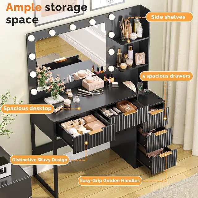 Alt view image 3 of 7 - VINGLI Fluted Makeup Vanity Desk with Mirror & Lights & Power Outlet, Small Vanity Table w/ 5 Drawers & 2 Storage Shelves,Black Modern Dressing Table Set Charging Station for Bedroom
