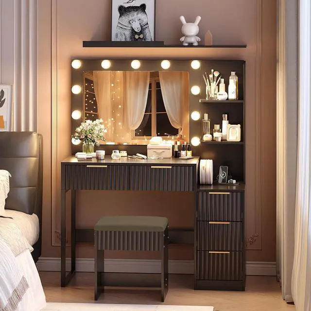 Alt view image 6 of 7 - VINGLI Fluted Makeup Vanity Desk with Mirror & Lights & Power Outlet, Small Vanity Table w/ 5 Drawers & 2 Storage Shelves,Black Modern Dressing Table Set Charging Station for Bedroom