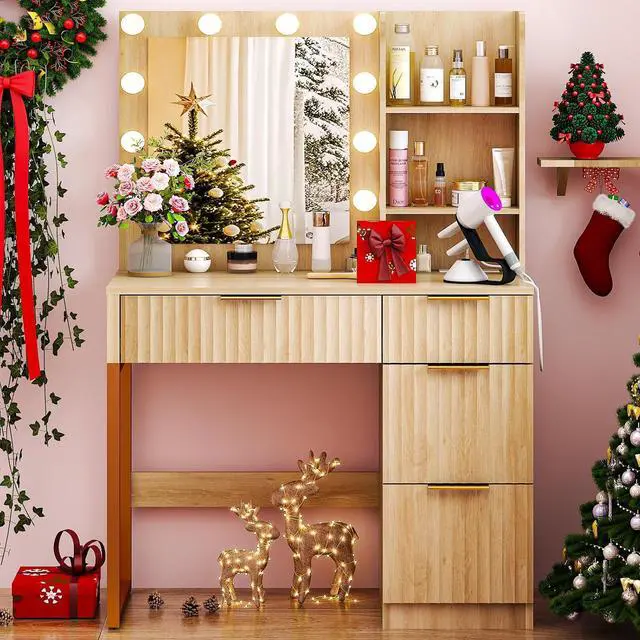Main image of VINGLI 34in Fluted Makeup Vanity Desk with Mirror & Lights & Power Outlet, Small Vanity Table w/ 4 Drawers & 2 Storage Shelves,Oak Modern Dressing Table Set Charging Station for Bedroom