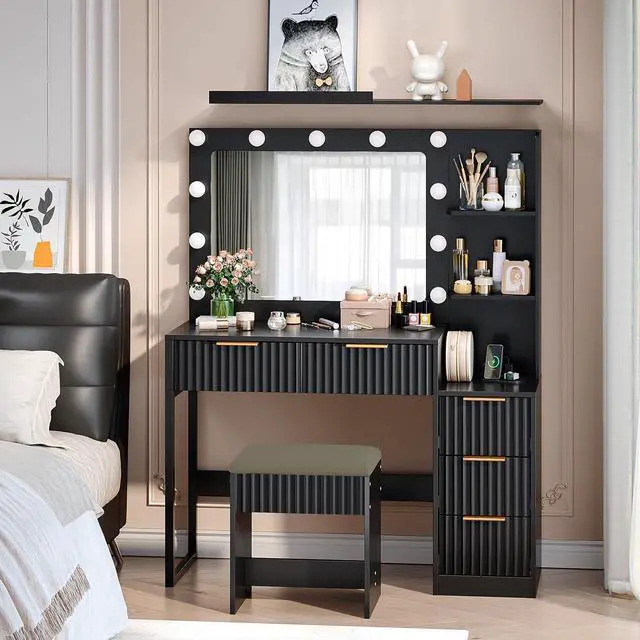 Alt view image 7 of 7 - VINGLI Fluted Makeup Vanity Desk with Mirror & Lights & Power Outlet, Small Vanity Table w/ 5 Drawers & 2 Storage Shelves,Black Modern Dressing Table Set Charging Station for Bedroom