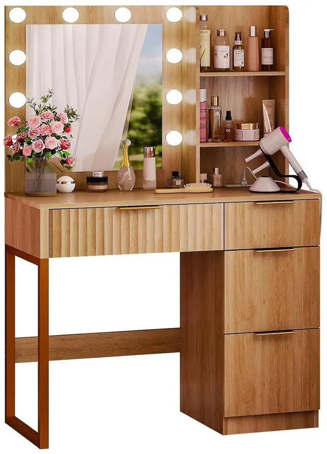 Alt view image 2 of 6 - VINGLI 34in Fluted Makeup Vanity Desk with Mirror & Lights & Power Outlet, Small Vanity Table w/ 4 Drawers & 2 Storage Shelves,Oak Modern Dressing Table Set Charging Station for Bedroom