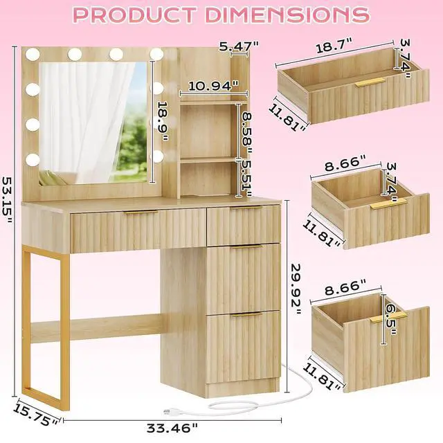 Alt view image 3 of 6 - VINGLI 34in Fluted Makeup Vanity Desk with Mirror & Lights & Power Outlet, Small Vanity Table w/ 4 Drawers & 2 Storage Shelves,Oak Modern Dressing Table Set Charging Station for Bedroom