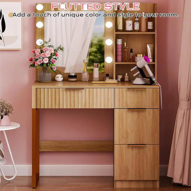 Alt view image 5 of 6 - VINGLI 34in Fluted Makeup Vanity Desk with Mirror & Lights & Power Outlet, Small Vanity Table w/ 4 Drawers & 2 Storage Shelves,Oak Modern Dressing Table Set Charging Station for Bedroom