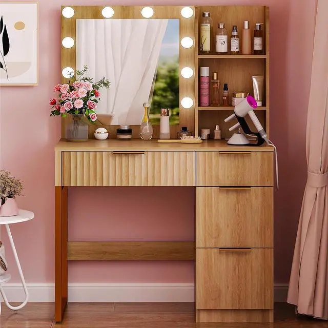 Alt view image 6 of 6 - VINGLI 34in Fluted Makeup Vanity Desk with Mirror & Lights & Power Outlet, Small Vanity Table w/ 4 Drawers & 2 Storage Shelves,Oak Modern Dressing Table Set Charging Station for Bedroom