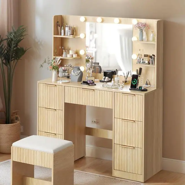 Main image of VINGLI Fluted Makeup Vanity Desk with Mirror & Lights & Power Outlet, Small Vanity Table w/ 7 Drawers & 4 Storage Shelves,Oak Modern Dressing Table Set Charging Station for Bedroom