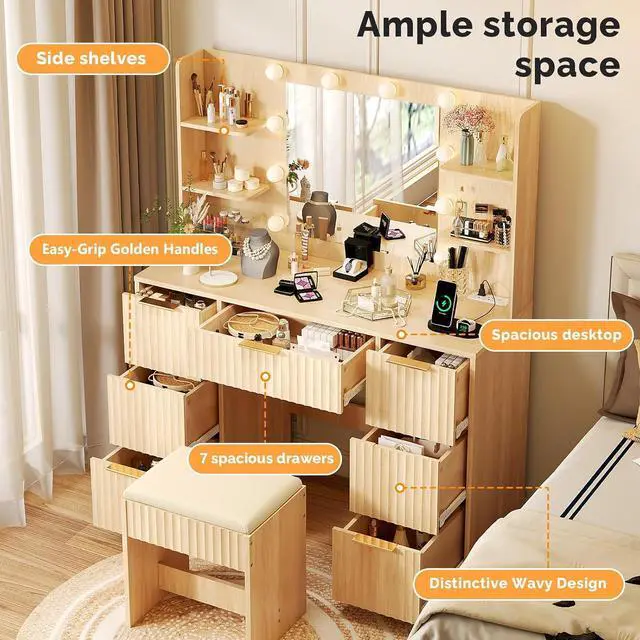 Alt view image 3 of 7 - VINGLI Fluted Makeup Vanity Desk with Mirror & Lights & Power Outlet, Small Vanity Table w/ 7 Drawers & 4 Storage Shelves,Oak Modern Dressing Table Set Charging Station for Bedroom