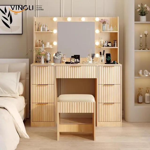 Alt view image 7 of 7 - VINGLI Fluted Makeup Vanity Desk with Mirror & Lights & Power Outlet, Small Vanity Table w/ 7 Drawers & 4 Storage Shelves,Oak Modern Dressing Table Set Charging Station for Bedroom
