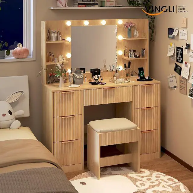 Alt view image 6 of 7 - VINGLI Fluted Makeup Vanity Desk with Mirror & Lights & Power Outlet, Small Vanity Table w/ 7 Drawers & 4 Storage Shelves,Oak Modern Dressing Table Set Charging Station for Bedroom