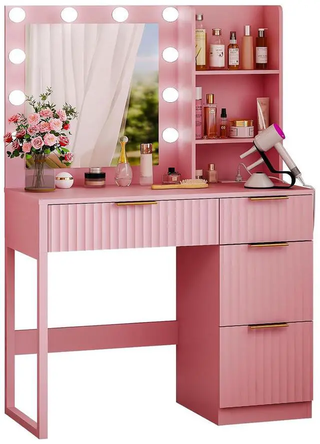 Main image of VINGLI 34in Fluted Makeup Vanity Desk with Mirror & Lights & Power Outlet, Small Vanity Table w/ 4 Drawers & 2 Storage Shelves,Pink Modern Dressing Table Set Charging Station for Bedroom